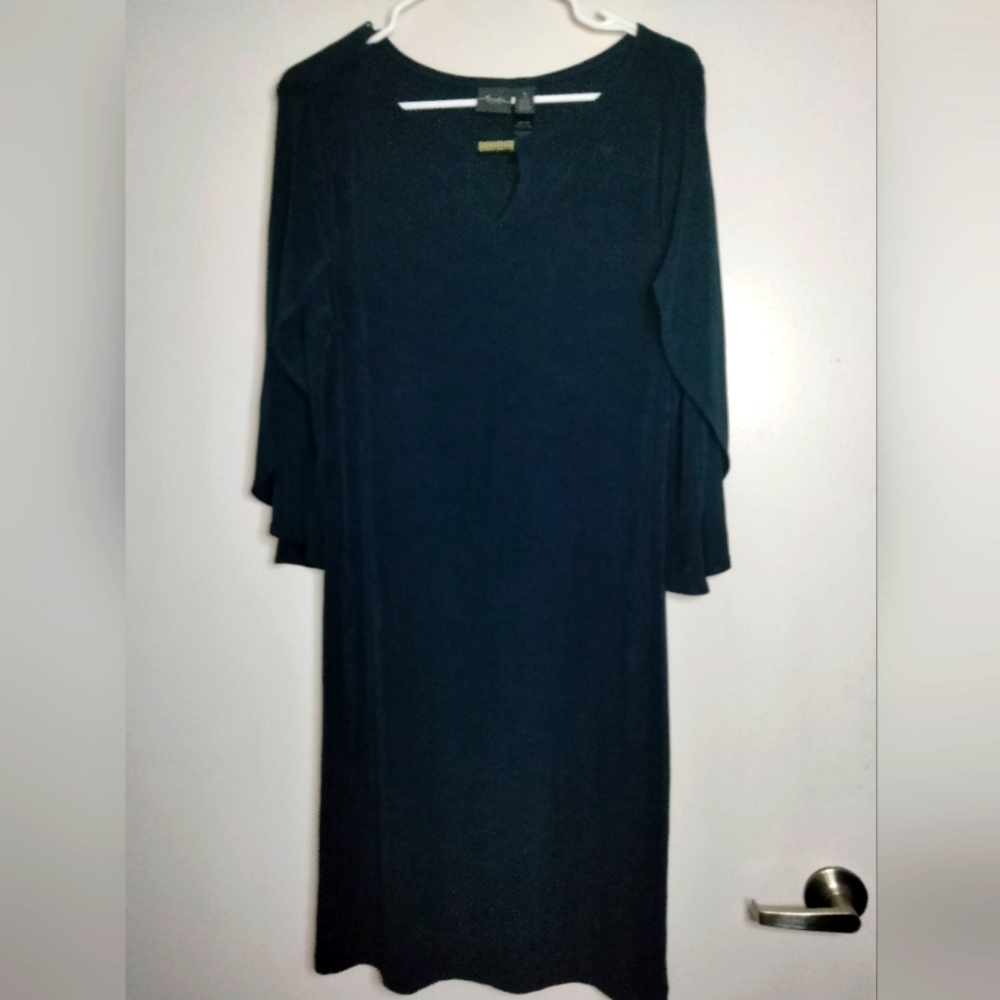 Chico's Travelers (Sz 1/M/8) Navy Blue Gold Neck Ornament Butterfly Sleeve Dress